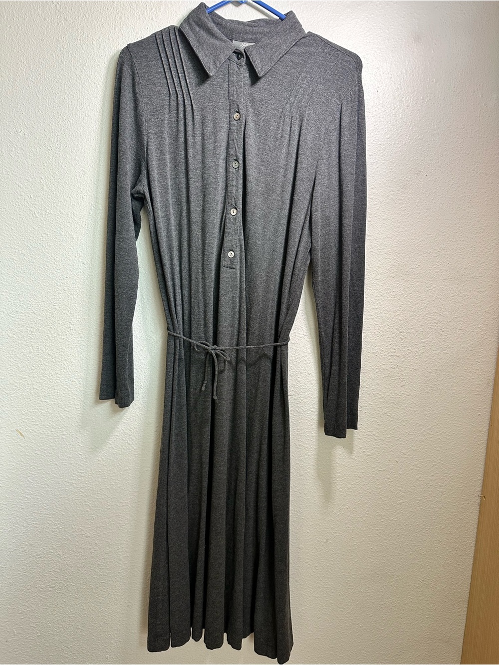 J. Jill Charcoal Gray Long-Sleeve Pleated Shirt Dress with Tie